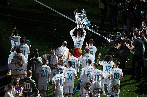 Real Madrid Celebrate After Victory In The Champions League Final Against Liverpool